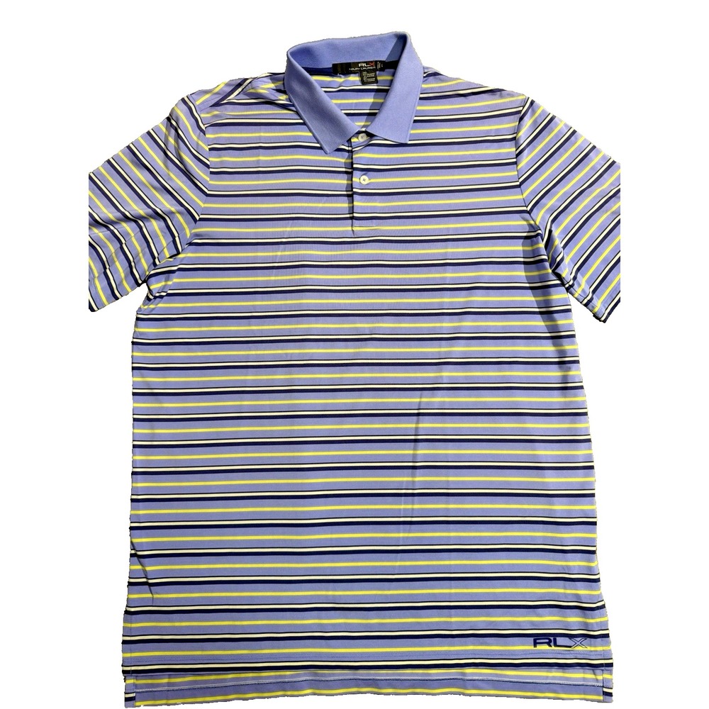 RLX Ralph‎ Lauren Polo Shirt Men's Large Purple Yellow Striped Short Sleeve Golf